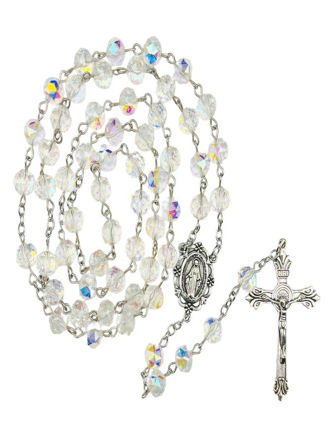 CACALOSS Catholic Rosary Necklace, Jesus Cross, Rainbow Sparkle Crystal Rosary Necklace for Baptism Prayer - Image 1